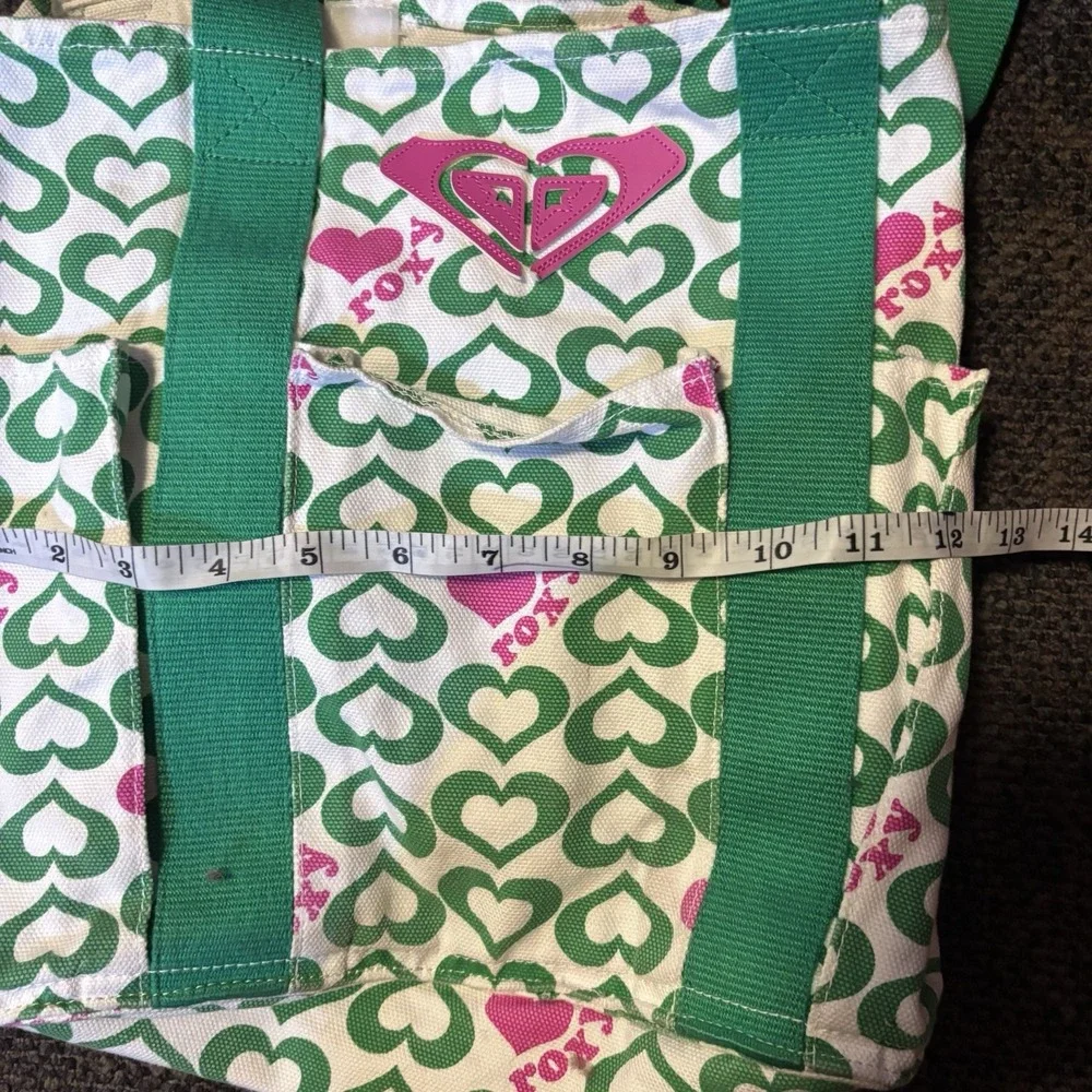 Vintage Y2K Roxy Canvas Tote Bag Green Pink Heart Print Shoulder Handbag Pocket
